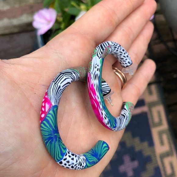 Handmade Polymer Clay Hoops Earrings - Picture 2 of 4